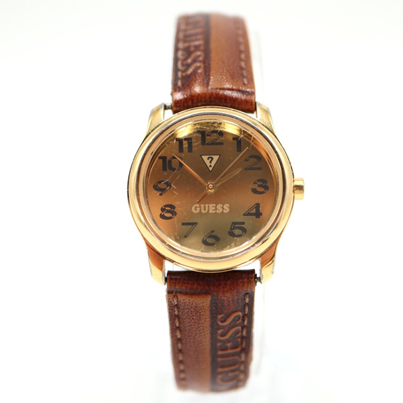 Vintage Guess Watch 25mm Gold Tone Mirror Dial 1995 Leather Band w New Battery - Picture 1 of 16
